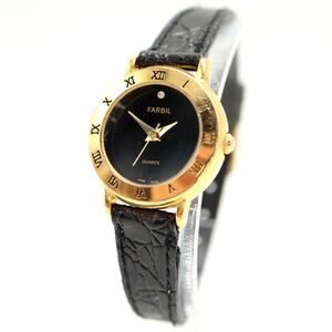 Vintage Farbil Womens Black Gold Tone 26mm Watch Black Leather w New Battery